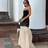 Poshoot Elegant Strapless Backless Long Dress Women's Sexy Tube Top Color Block A-Line Dress High Waist Sleeveless Evening Gown