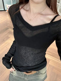 Poshoot Sexy Black V Neck Grunge Women T-shirt Casual Vintage Slim Knitted Blouse Long Sleeve Y2k Aesthetic Fashion Crop Tops Japanese