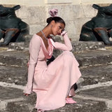 Poshoot Elegant Bow Hollow Long Dress Women's Solid Sexy Backless Long Sleeve Slim Party Evening Gown Ruffled Luxury Dress Robe