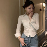 Poshoot 2024 Sexy Slim Fit White Shirt Women Korean Fashion Turn Down Collar Folds Crop Tops Woman Long Sleeve Y2K Blouse Female