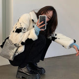 Poshoot Cow Pattern Faux Fur Jacket Women Korean Fashion Turn-Down Collar Warm Parkas Woman Soft Thick Winter Fluffy Coat Female