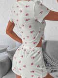 Poshoot Women 2 Pieces Pajama Sets Short Sleeve Button Down T-shirts Crop Tops Elastic Waist Shorts Floral Print Pajama Sets