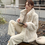 Poshoot Beige Horn Buttons Faux Fur Coat Women 2024 Winter Long Sleeve Lamb Wool Jacket Woman Korean Fashion Thicken Warm Outwear Female