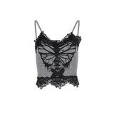 Poshoot-Women's Butterfly Skull Print Contrast Lace Spaghetti Strap Sleeveless Cami Tank Crop Tops Gothic Punk ALt Crop Top