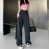 Poshoot High Waist Wide Leg Suit Pants for Women Korean Solid Straight Loose Trousers Woman All Match Pockets Casual Pants Laides