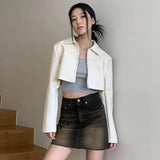 Poshoot Pu Faux Leather Long Sleeve Zipper High Waist Crop Top Jacket Coat Autumn Wholesale Clothes Y2K Streetwear Daily Outfit