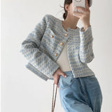 Poshoot Elegant Pearls Buttons Crop Jacket Women Korean Fashion Round Neck Tweed Coat Womans Pockets Chic Short Coats Female