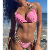 Poshoot Pink Bikinis Women's Swimsuits With Rhinestones Solid Color Swimwear Push Up Summer Beach Swim Wear Female Bathing Suits Bather