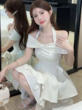 Poshoot New Simple Slim Style Bow Tie Hanging Neck Cake Princess Solid Folds Short Women Sweet Off Shoulder Strap Bubble Dress I6JA