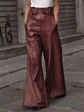 Poshoot Autumn Winter Women's Faux Pu Long Pants  High Waisted Loose Pleated Pockets Streetwear Female Wide Leg Trousers