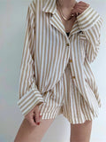 Poshoot Women Striped 2 Pieces Lounge Pajama Sets Short Sleeve Lapel Button Ups Shirts Tops Loose Casual Shorts Sleepwear Set