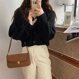 Poshoot V Neck Cropped Cardigan Women Long Sleeve Twist Knitted Sweater Coats Woman Korean Fashion Solid Color Button Up Cardigan