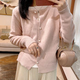 Poshoot Sweet Pink Knitted Sweater Women Korean O-Neck Long Sleeve Knit Cardigan Woman 2024 Button Up Solid Color Jumper Female