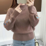 Poshoot Autumn Winter Embroidery Sweater Women Fashion Half High Collar Long Sleeve Knit Jumper Woman 2024 Korean Loose Pullover Female