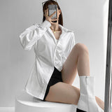 Poshoot 2024 Fashion White Slim Fit Shirt Women Turn Down Collar Elegant Long Sleeve Blouses Woman Pleated Button Up Shirts Top