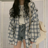 Poshoot Women's Oversized Plaid Shirt 2024 Summer Harajuku Lantern Sleeve Blouses Women Single Breasted Check Loose Shirts Female