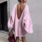 Poshoot 2024 Autumn Long Sleeve Sexy Big Backless Knitted Sweater Dress For Women Fashion Solid Loose Sweater Pullover Streetwear