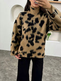 Poshoot Women Retro Leopard Printed Mohair Cashmere Pullover Fashion Oversized Turtleneck Knitted Jumper 2024 Autumn New Ladies Knitwear