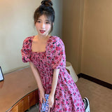 Poshoot Pink Print Square Collar Dress Women Elegant Puff Sleeve Flower Long Dresses Woman Summer Slim Waist Chiffon Dress Ladies