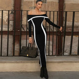 Poshoot Sexy One Shoulder Slim Long Dress Women's New Strapless Long Sleeve Backless Evening Gown High Waist Color Block Dress