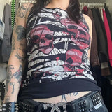 Poshoot 2000s Retro Skull Wing Print Tank Tops Cyber Grunge Y2K Graphic Sleeveless Vest  Emo Lace Backless Crop Top Women Clothes