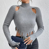 Poshoot Knitted Sweater Women High Collar Long Sleeve Worn Sexy Hollow Out Pullover Spring High Street Navel Y2K Sweaathers Tops