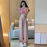 Poshoot-Women's Summer Acetate Ice Silk Wide Leg Pants Lady Summer Casual Solid Color Elastic Waist Loose Long Pants