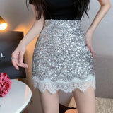 Poshoot Sexy Silver Sequin Skirt Woman Lace Patchwork High Waist Mini Skirts for Women Shiny Party Night Club Dance Skirt Ladies