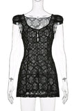 Poshoot Christmas Thanksgiving Gifts  See-Through Lace Short Sleeve V-Neck A-Line Mini Dress