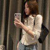 Poshoot 2024 Sexy Slim Fit White Shirt Women Korean Fashion Turn Down Collar Folds Crop Tops Woman Long Sleeve Y2K Blouse Female