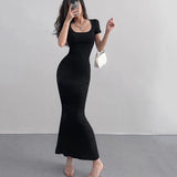 Poshoot 2024 Summer Solid Color Slim Long Dress Women Short Sleeve Skinny Bodycon Maxi Dresses Woman Square Collar Party Vestidos Mujer