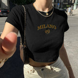 Poshoot- 2024 T-shirt Women Summer Short Sleeve O-Neck  Black Crop Top Letter Embroidery T Shirt Female Streetwear Sexy Casual Cropped Tops