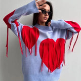 Poshoot Heart Print Sweater Women's O-Neck Long Sleeve Pullover Sweater Casual Knitted Tassel Sweater Loose Women's Streetwear