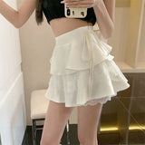 Poshoot Sweet Lace Patchwork Short Skirt Women 2025 Summer Lace Up Layer Cake Skirt Woman Lolita High Waist A Line Skirts Female