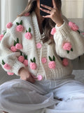 Poshoot Women Knit Cardigan Long Sleeve Flowers Button Closure Fall Casual Jacket Sweater