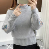 Poshoot Autumn Winter Embroidery Sweater Women Fashion Half High Collar Long Sleeve Knit Jumper Woman 2024 Korean Loose Pullover Female