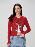 Poshoot 2025 Christmas Knit Cardigan For Women Long Sleeve Button Closure Embroidery Snowman Tree Casual Sweater