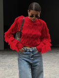 Poshoot Splice Tassel Short Knitted Top Female Solid Slim Fit Long Sleeves Fashion Pullover Sweater Women's Autumn Winter Casual