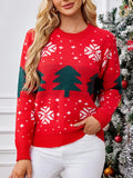 Poshoot Women Christmas Sweaters Red Snowflake Tree Print Knitted Long Sleeve Round Neck Loose Pullovers Tops Female Casual Jumpers