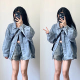 Poshoot Korean Style Denim Jacket Women 2024 Autumn New Long Sleeve Blue Coats Woman Retro Turn Down Collar Loose Jean Jacket Female