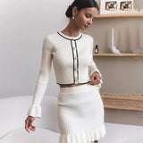 Poshoot Knitted Skirt Set Women's Elegant O-Neck Long Sleeve Cardigan Top Slim Retro Short A-Line Skirt Knitted Ruffle Skirt Set