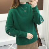 Poshoot Autumn Winter Embroidery Sweater Women Fashion Half High Collar Long Sleeve Knit Jumper Woman 2024 Korean Loose Pullover Female