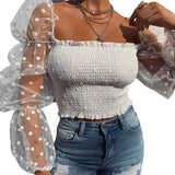 Poshoot Women Mesh Sheer Blouse Chiffon Dot See-through Long Sleeve Top Shirt Blouse Elegant Smoked Shirt Female All-matched Crop Tops