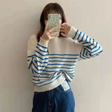 Poshoot Korean Style Striped Sweater Woman All Match Long Sleeve Knit Pullover Women Autumn Winter Basic O Neck Bottoming Shirt