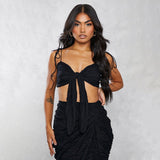 Poshoot  2023  Beach Pleated Skirt Two Piece Set Women Mesh Outfits Y2K Coquette V Neck Twist Crop Camis Slit Midi Skirts Summer