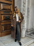 Poshoot Elegant Suede Belt Long Windbreaker Coat Women Fashion Double Button Lapel Oversized Overcoat 2024 Autumn Lady High Streetwear