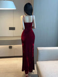 Poshoot 2023 Summer Women's Sexy Temperament V-neck Low cut Velvet sling ceremonial dress Side Split Slim Wrap buttocks Long Dress UR6Y