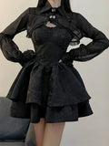 Poshoot Summer Black Gothic Lolita Short Party Suits Women Long Sleeve Coat + Pure Color Mini Dress Fashion High Waist Outfits Chic