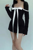 Poshoot Christmas Thanksgiving Gifts  Stripe Print Square Neck Long Sleeve A-Line Mini Dress