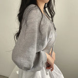 Poshoot 2024 Spring Thin Cropped Cardigan Women Korean Style Lace-Up Sunscreen Coat Woman Solid Color Lantern Sleeve Crop Tops